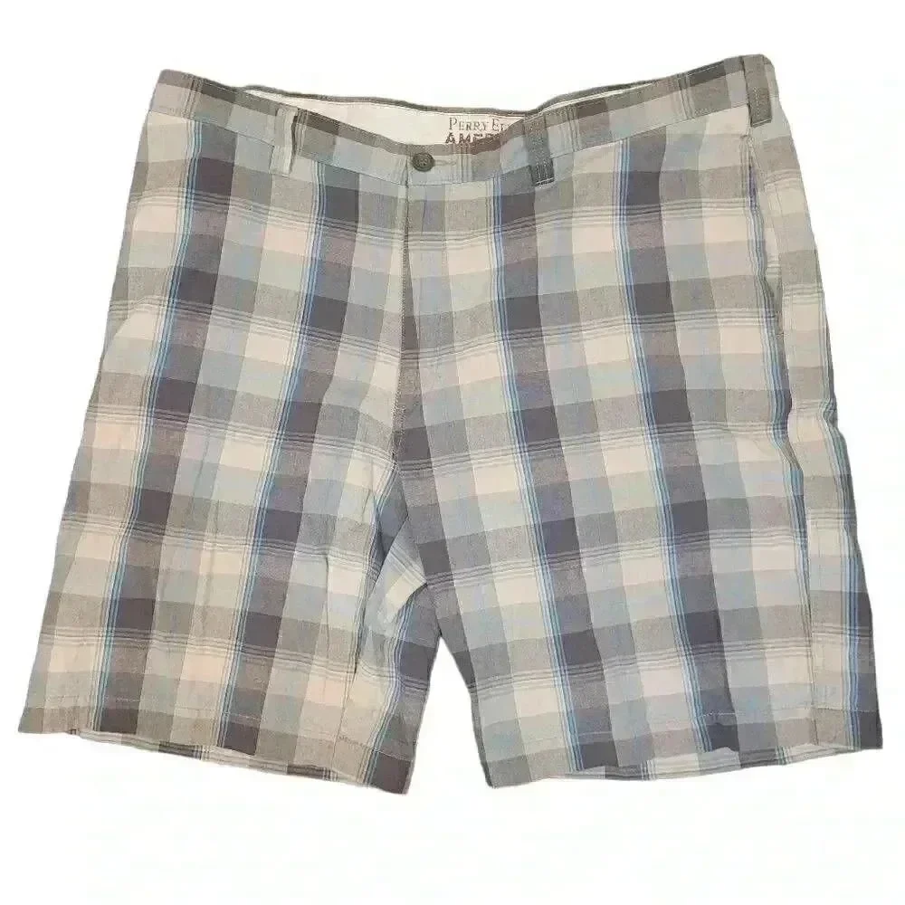 𝅺Perry Ellis America Men's White/Blue Plaid Cotton Flat Front Chino Shorts
